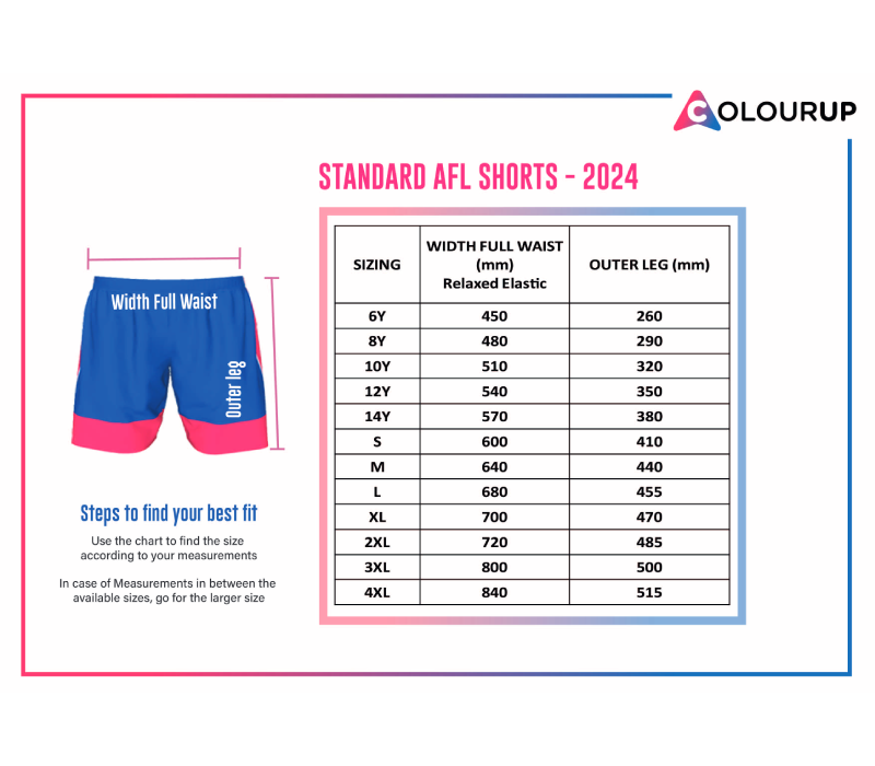 AFL Shorts Size Chart