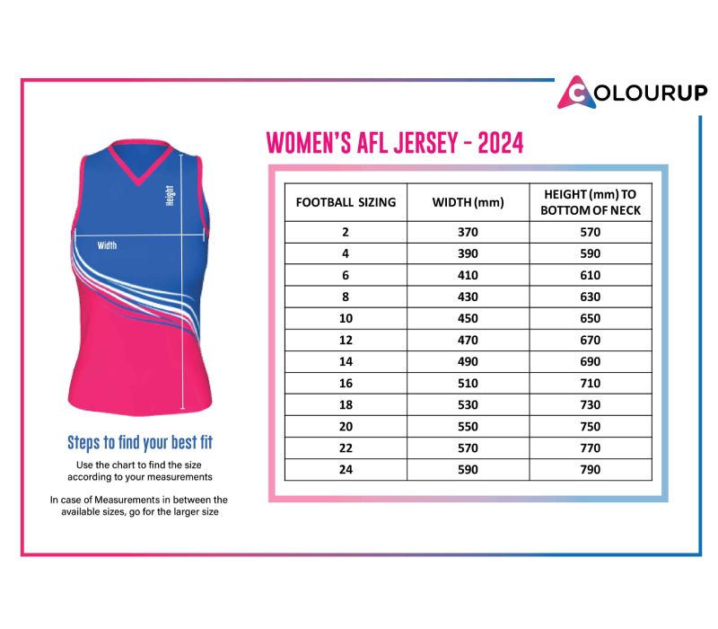 AFL Womens Size Chart