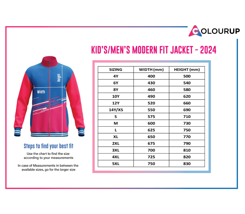 Jacket Size Chart - Colourup Uniforms