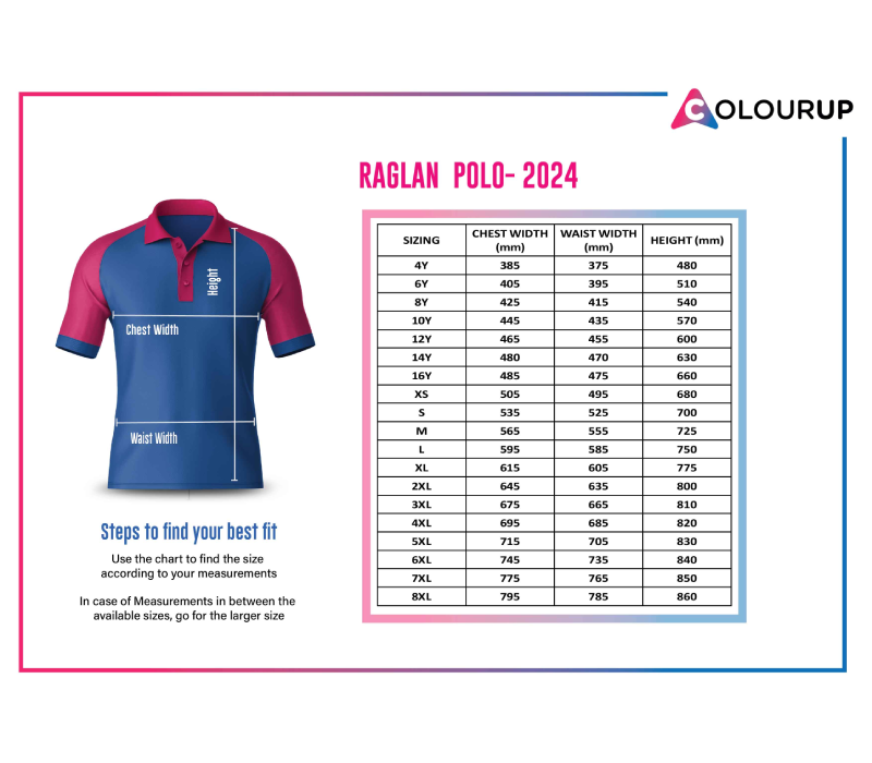 Raglan Polo Size Chart - Colourup Uniforms