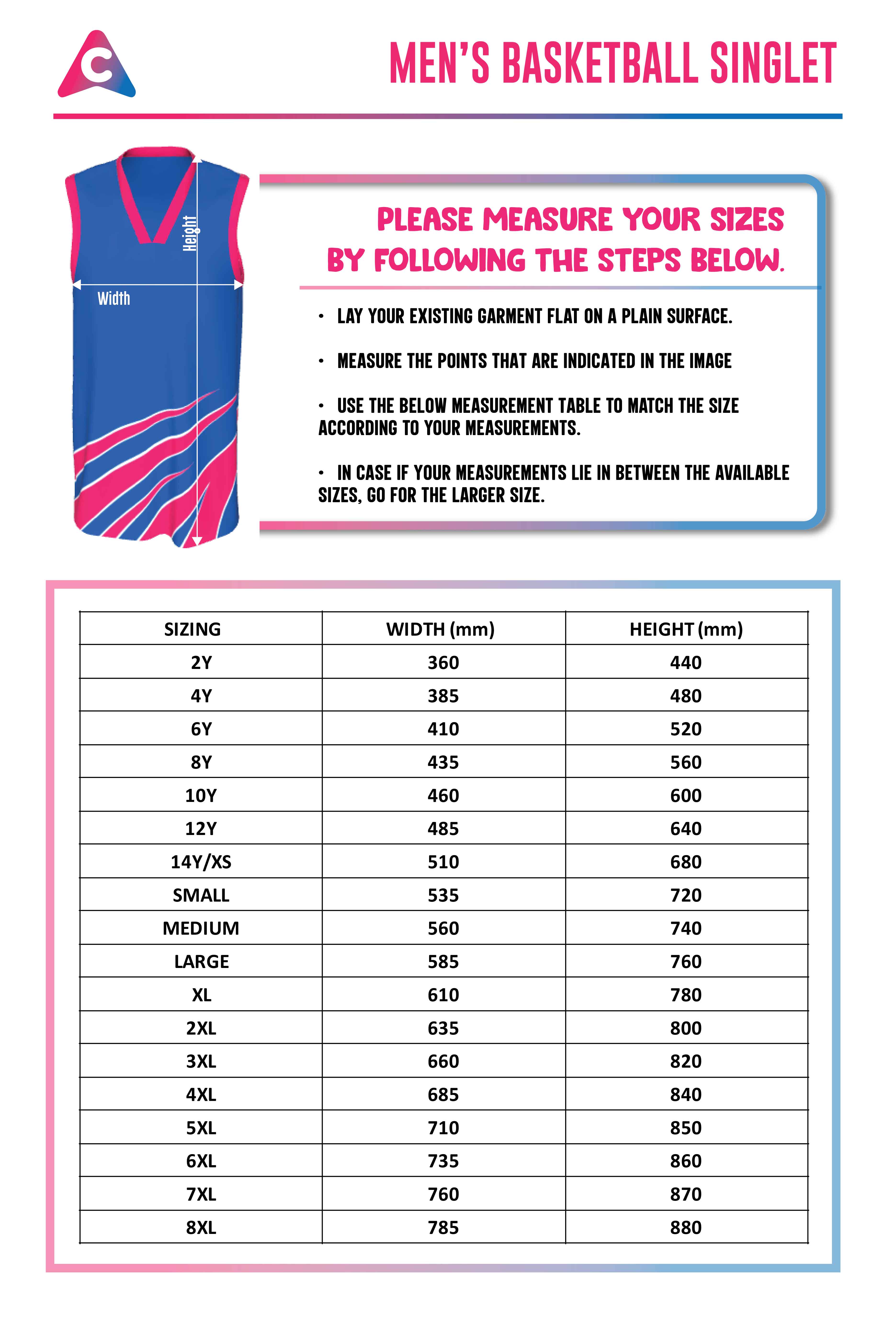 Basketball Jersey Size Chart - Colourup Uniforms