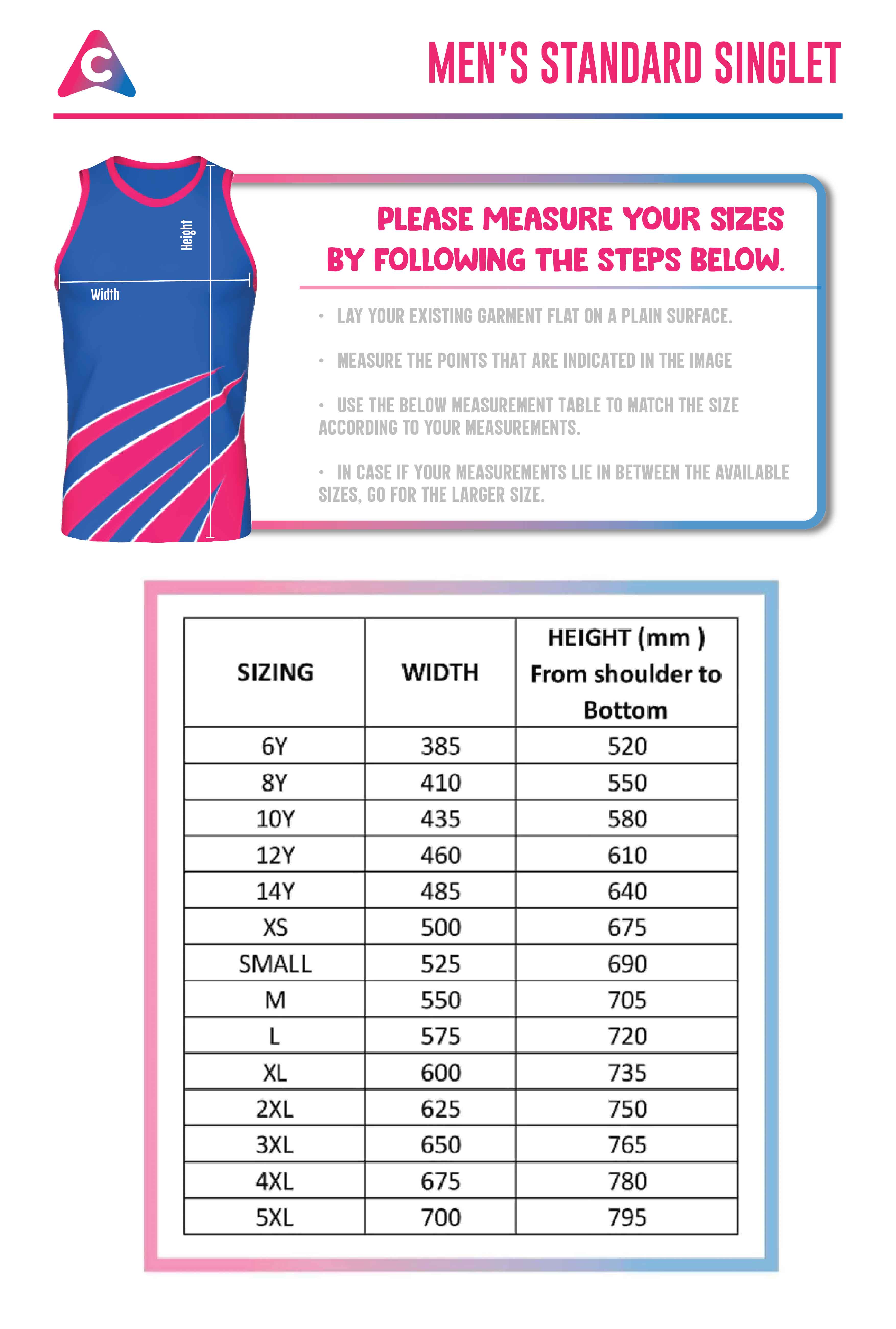 Mens Singlets Size Chart - Colourup Uniforms