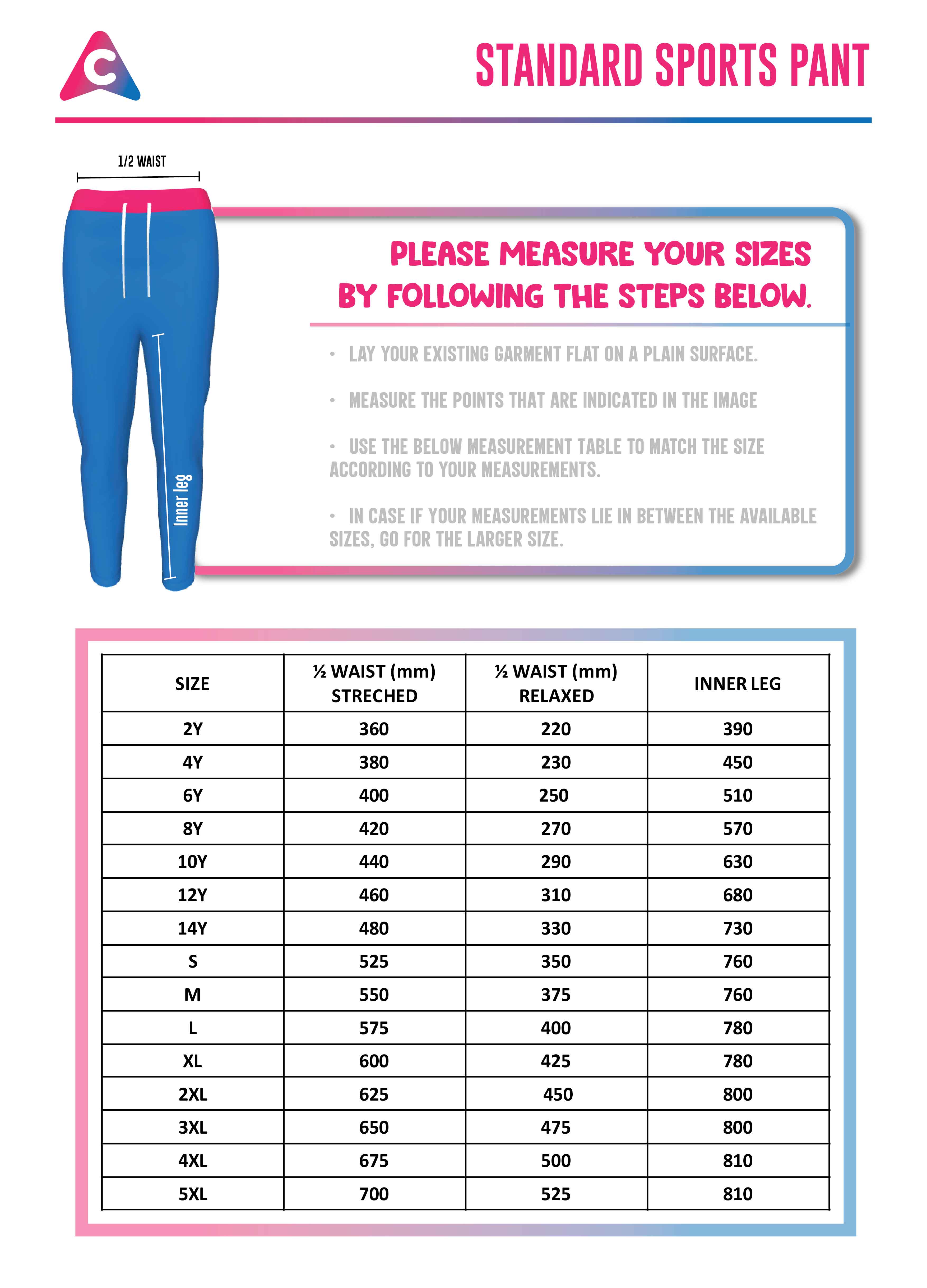 Pant Size Chart - Colourup Uniforms