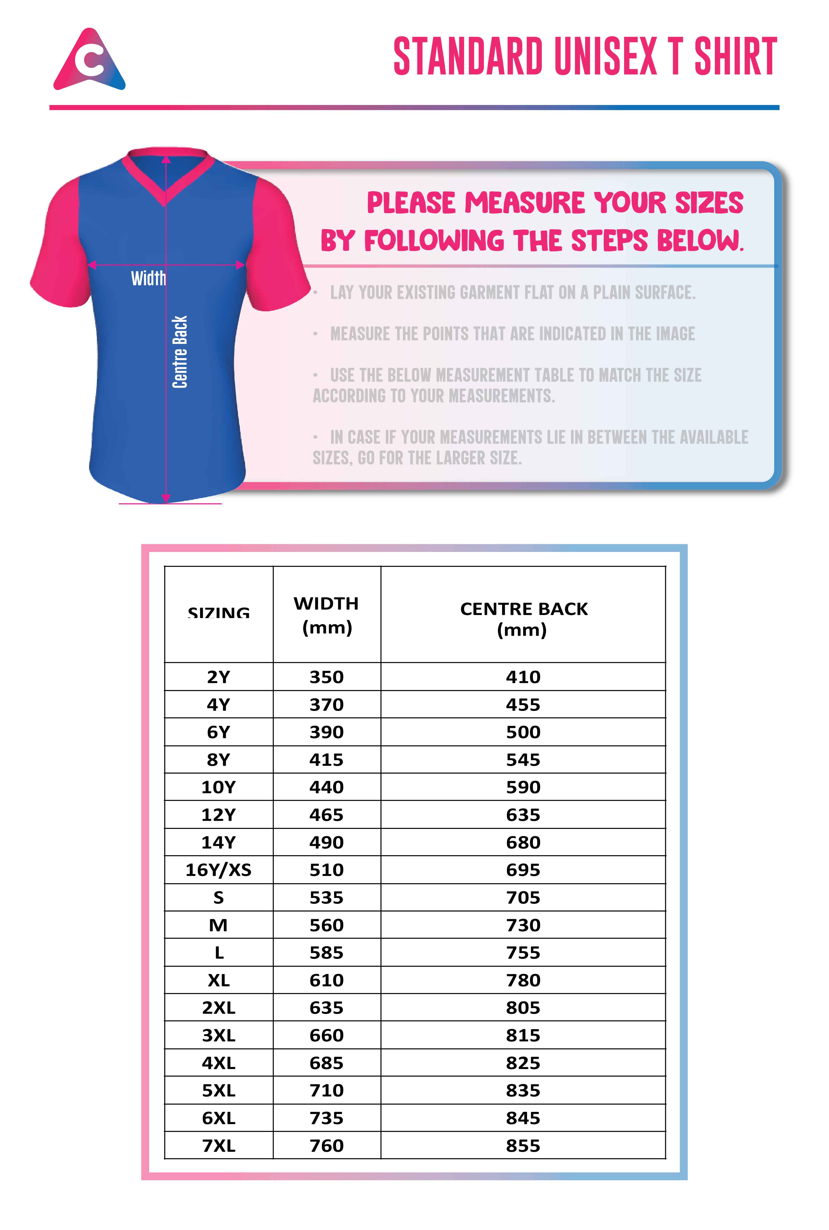 Mens T Shirt Size Chart - Colourup Uniforms