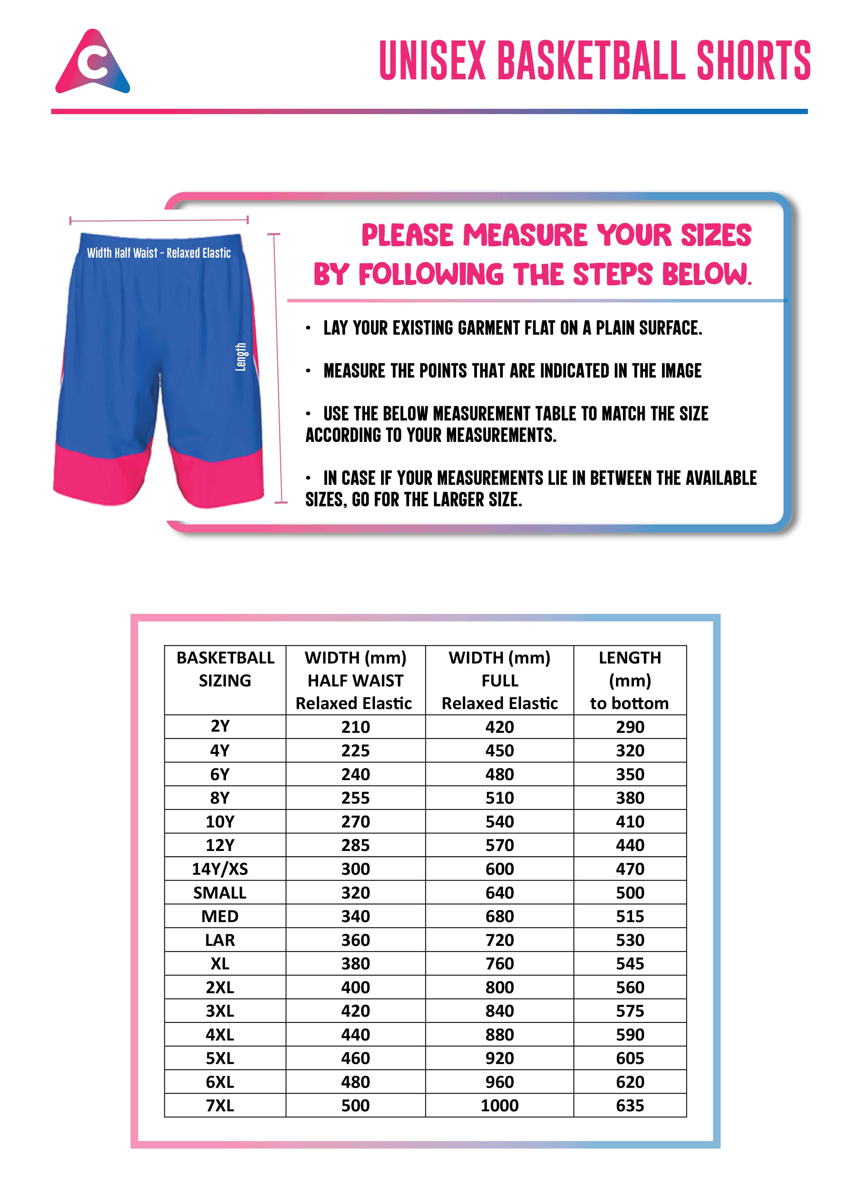 Basketball Jersey Size Chart - Colourup Uniforms