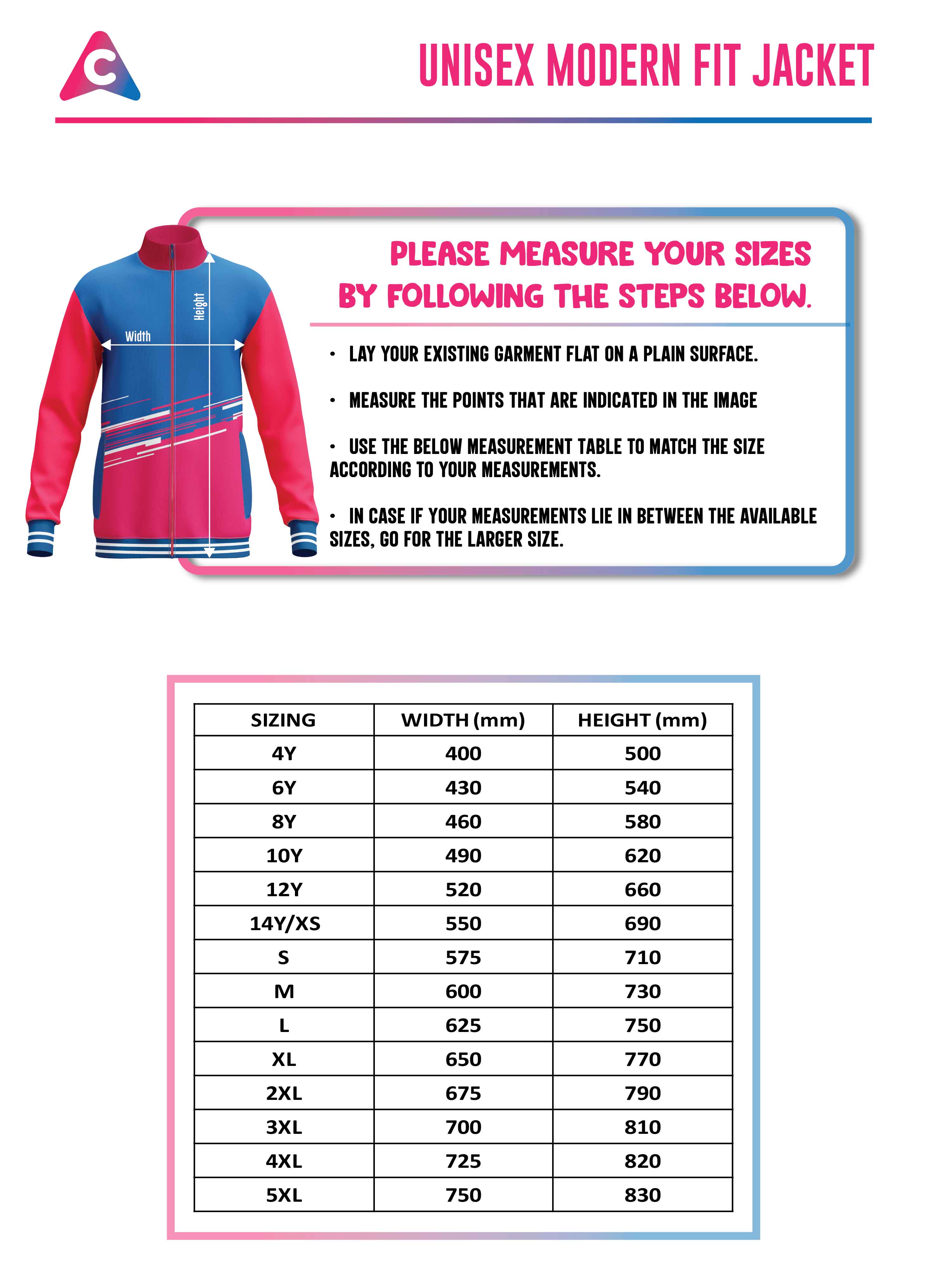 Jacket Size Chart - Colourup Uniforms