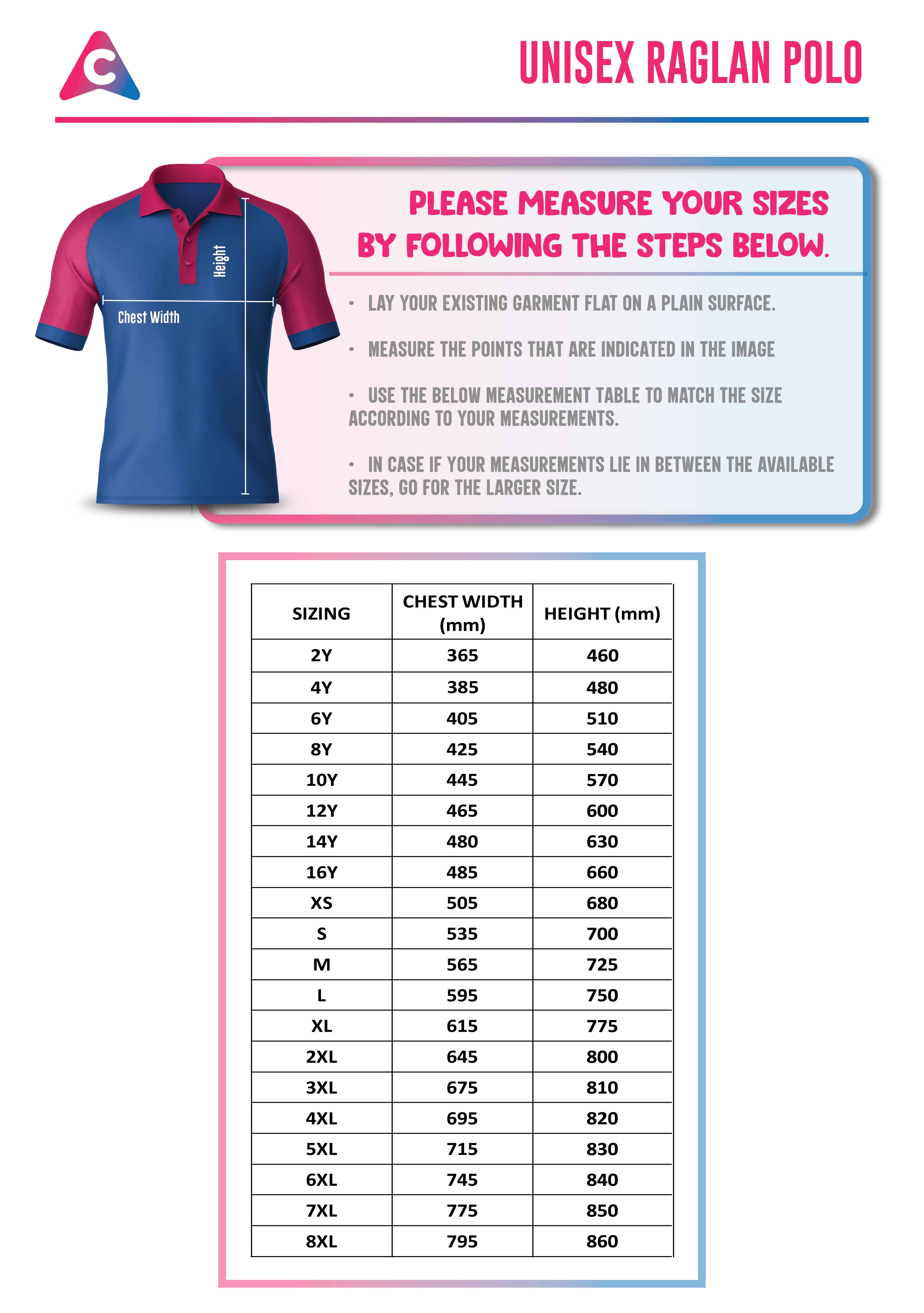 Raglan Polo Size Chart - Colourup Uniforms