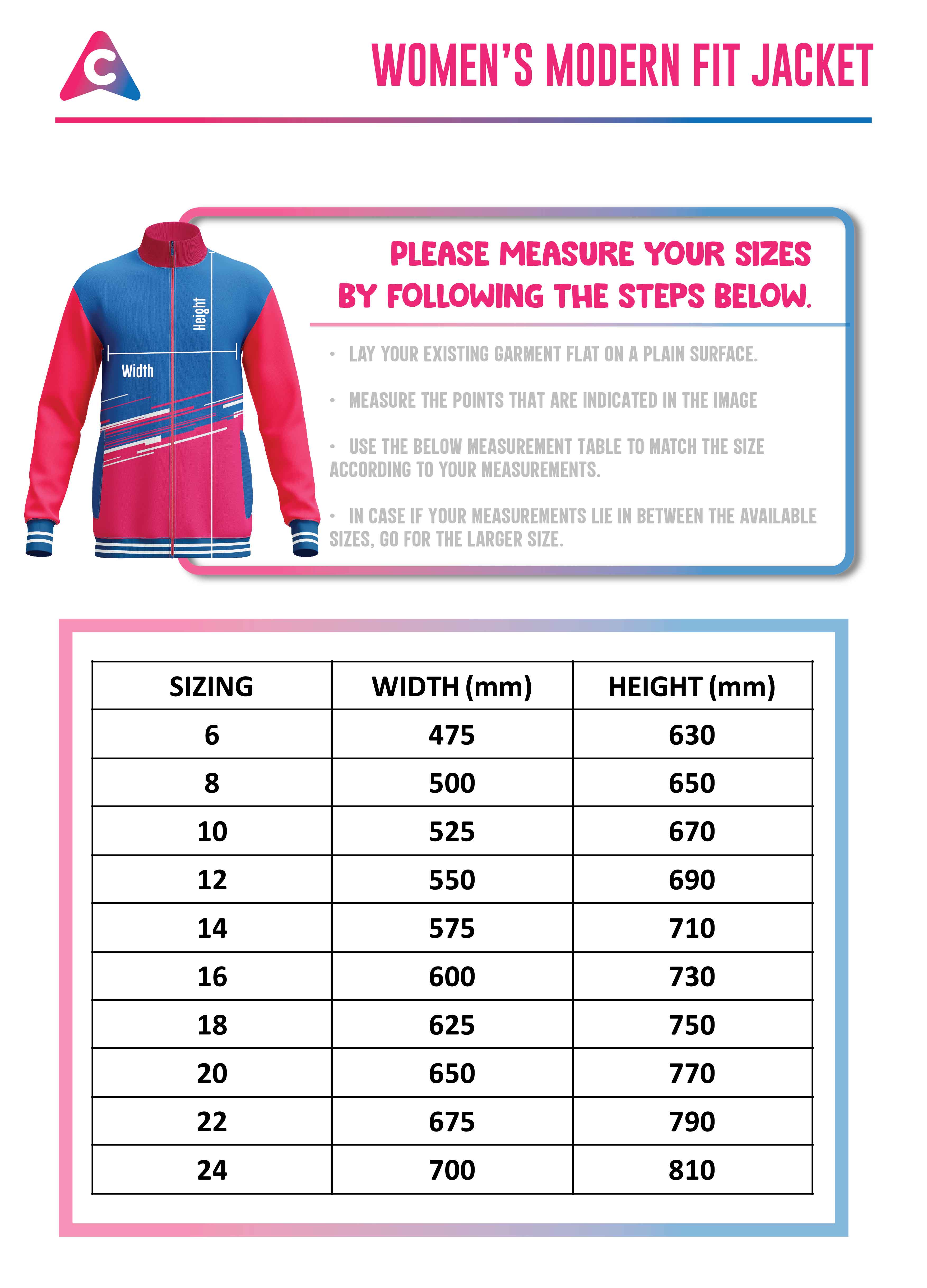 Jacket Size Chart - Colourup Uniforms