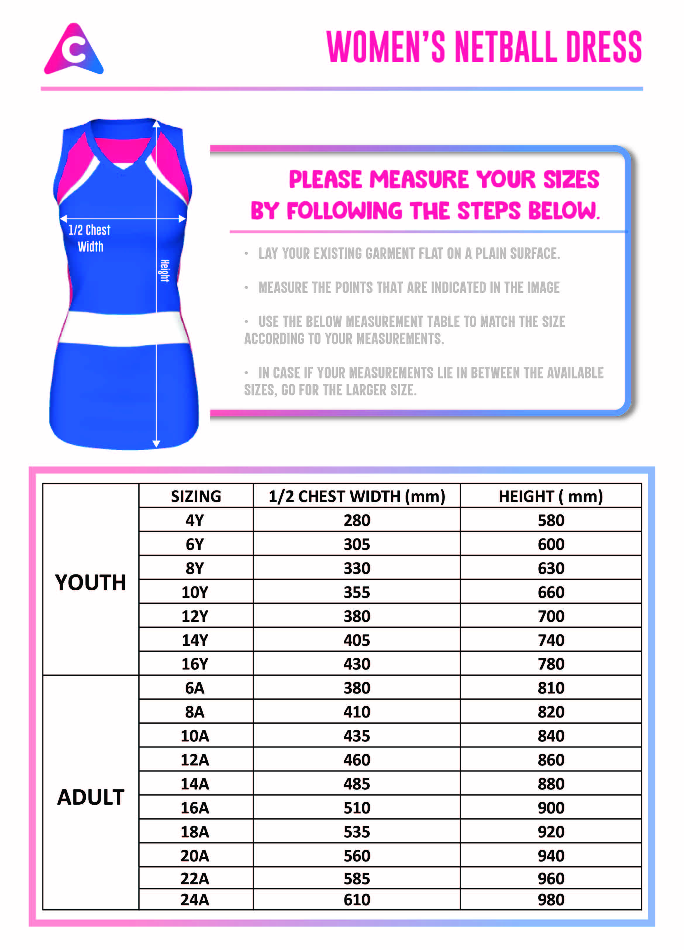 Netball Dress Size Chart - Colourup Uniforms