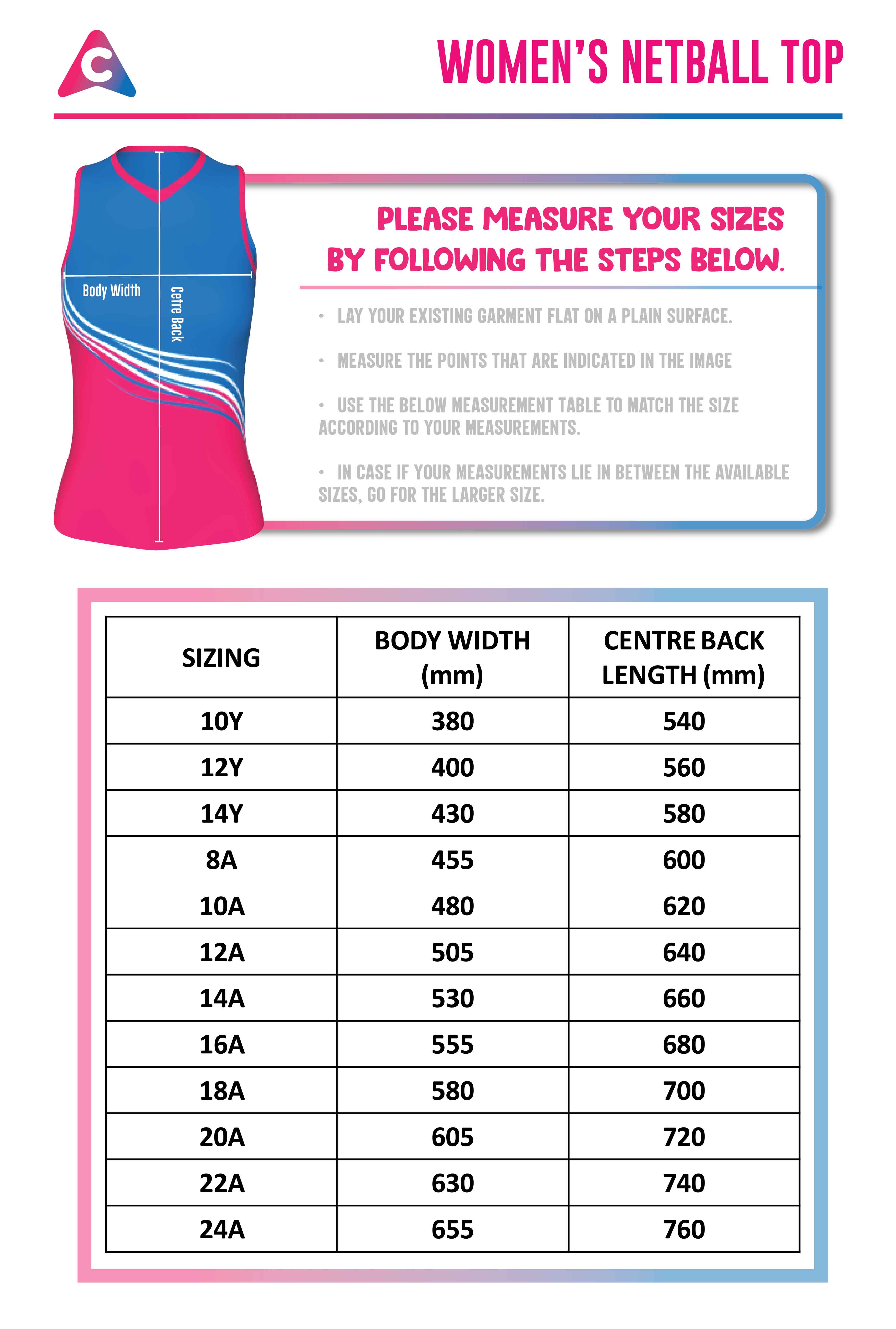 Netball Tops Size Chart - Colourup Uniforms