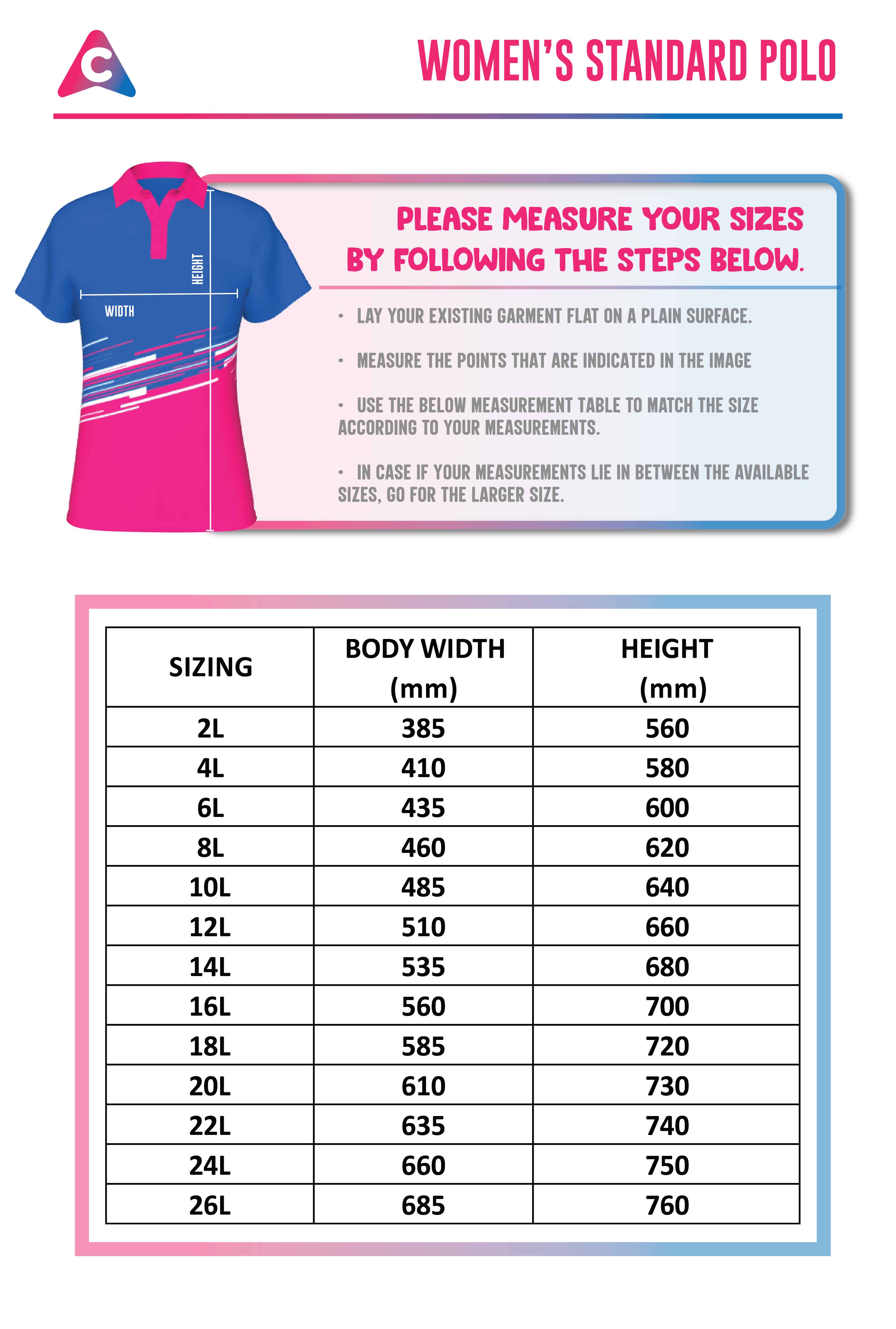 Womens Polo Size Chart - Colourup Uniforms