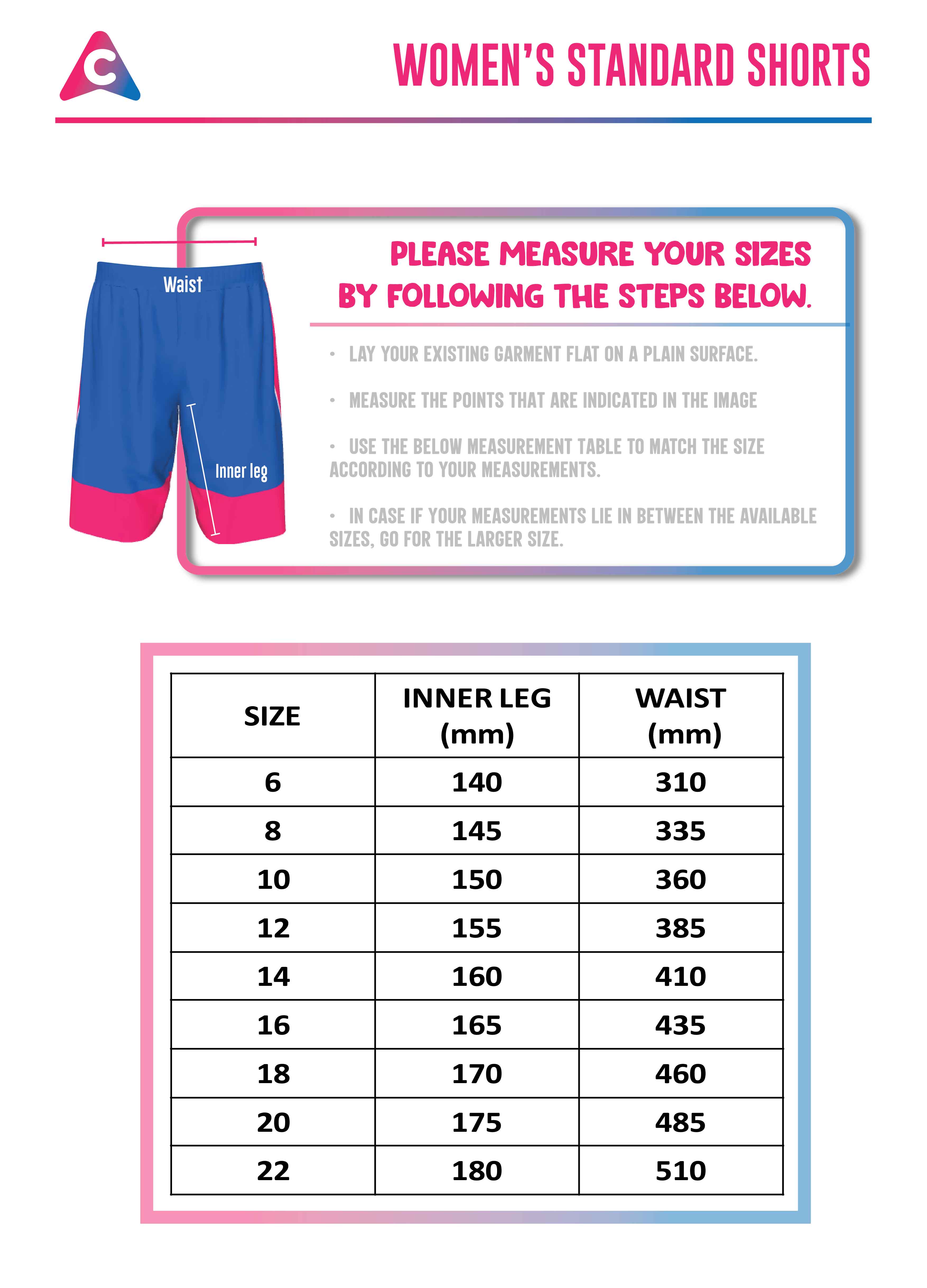 Colour Up Size Chart - Colourup Uniforms