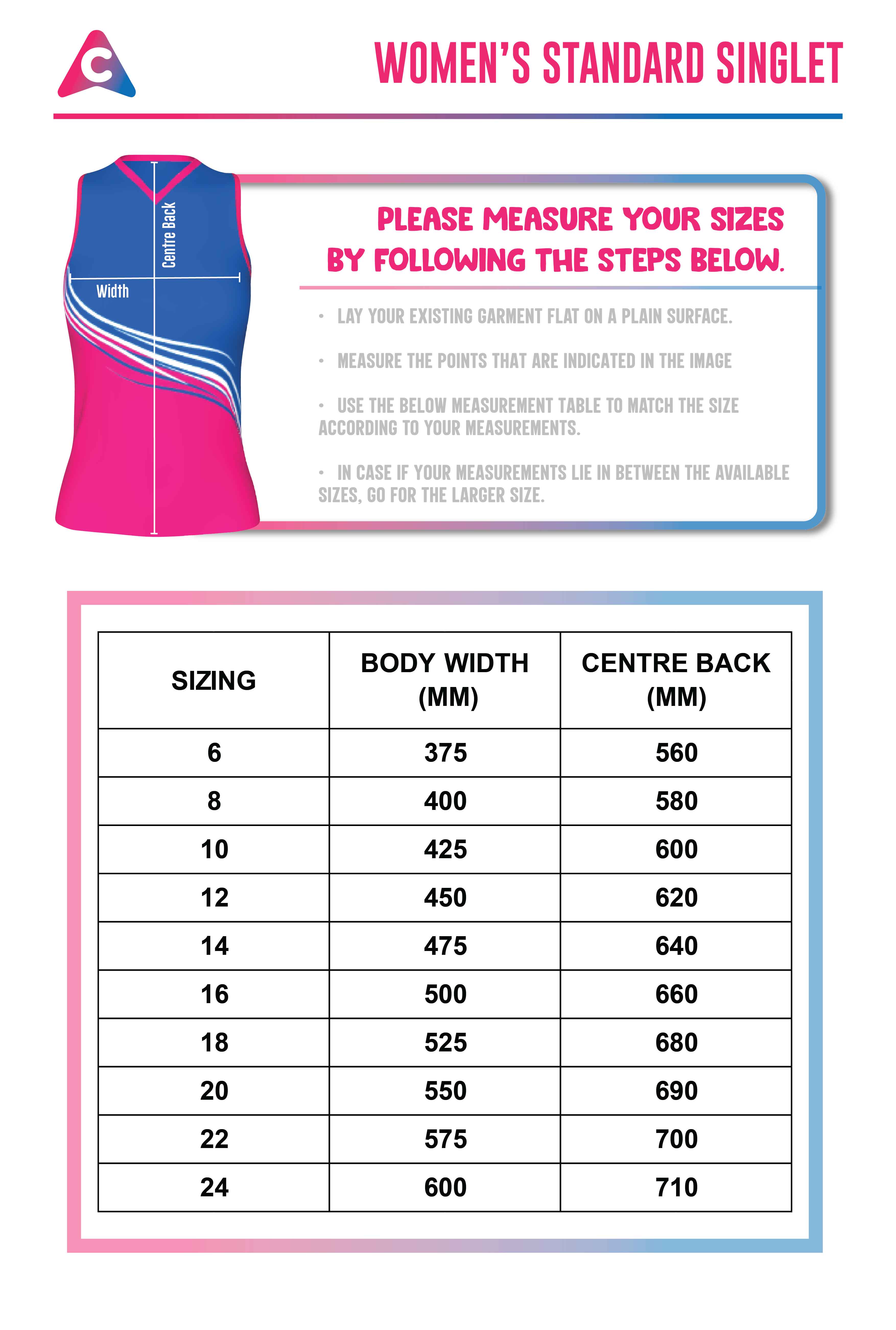 Womens Singlets Size Chart - Colourup Uniforms