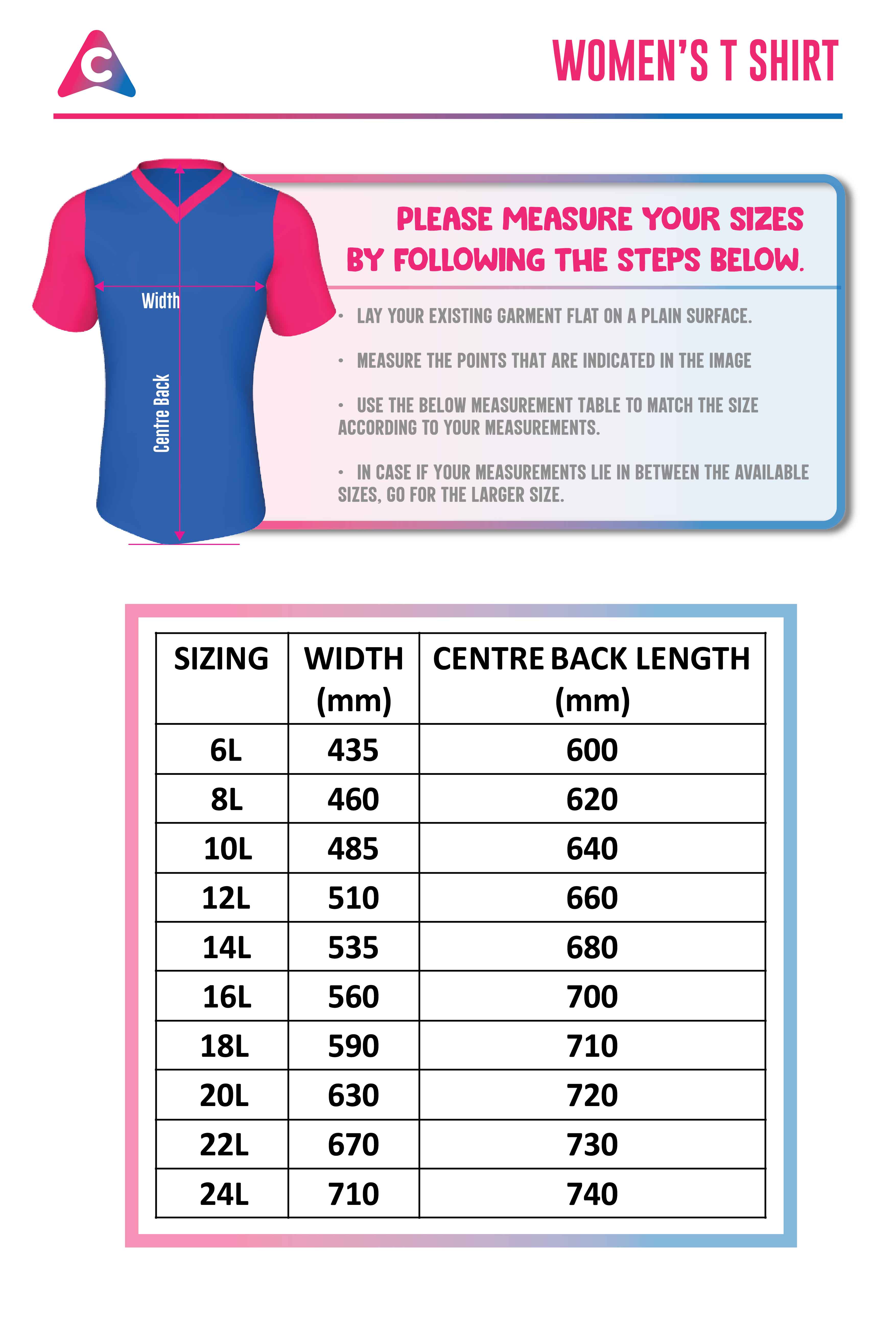 Womens T Shirt Size Chart - Colourup Uniforms