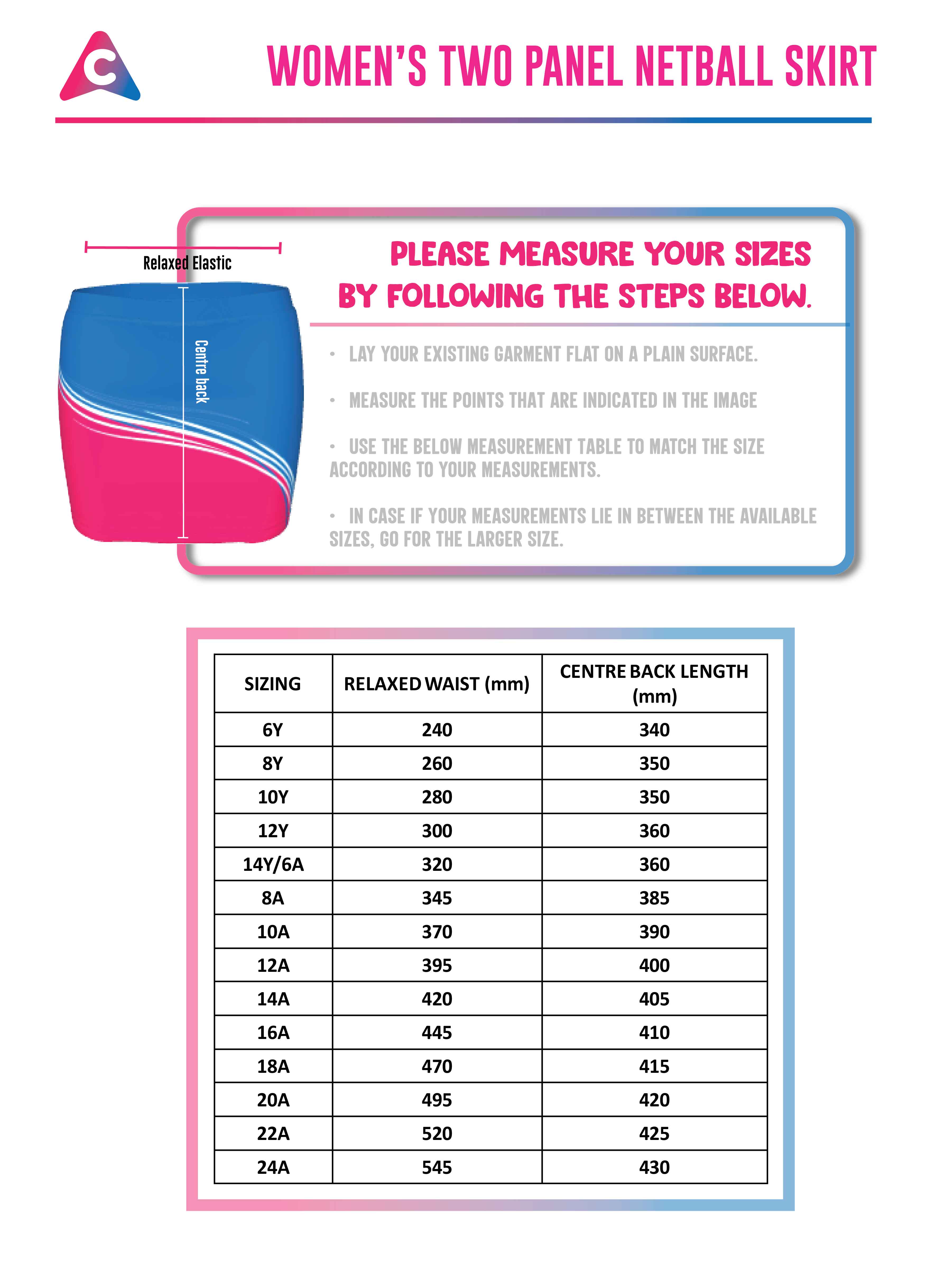 Netball Skirts Size Chart - Colourup Uniforms