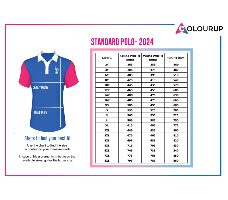 Mens Polo Size Chart - Colourup Uniforms