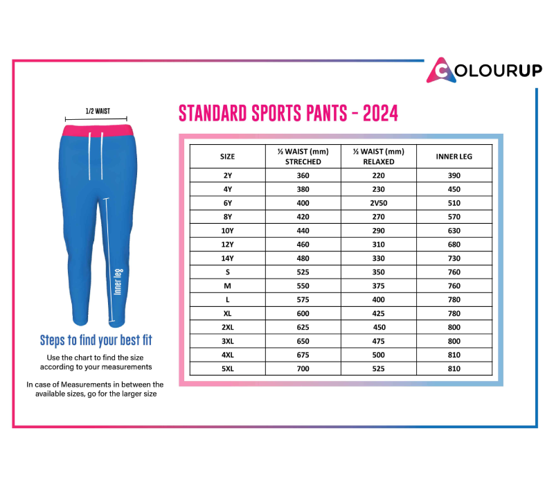 Pant Size Chart - Colourup Uniforms