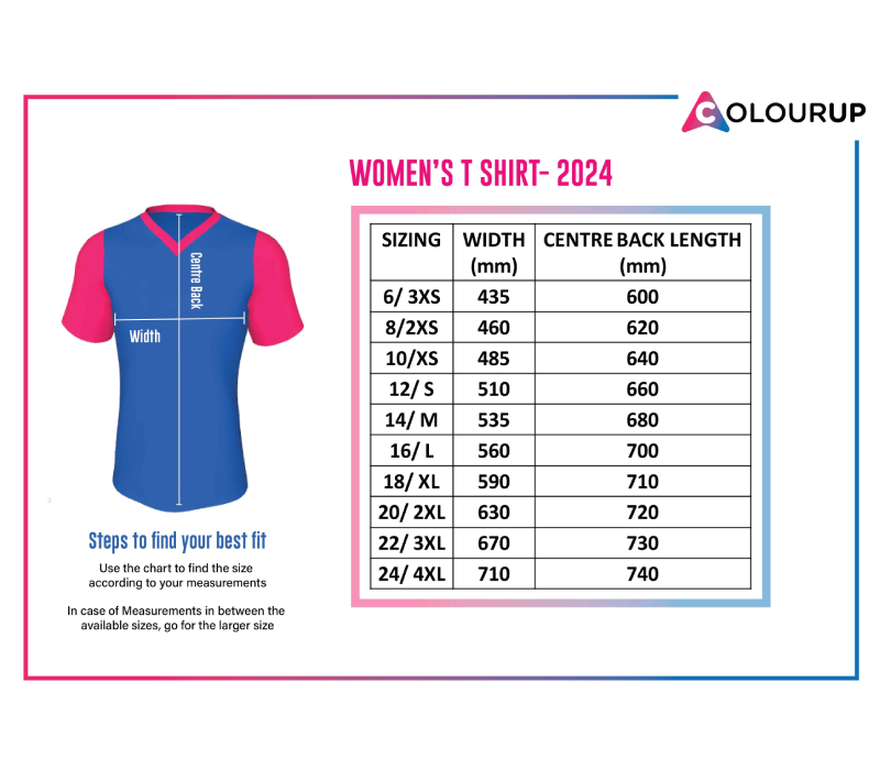 Womens T Shirt Size Chart - Colourup Uniforms