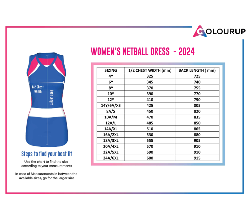Netball Dress Size Chart - Colourup Uniforms