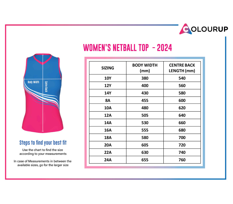 Netball Tops Size Chart - Colourup Uniforms