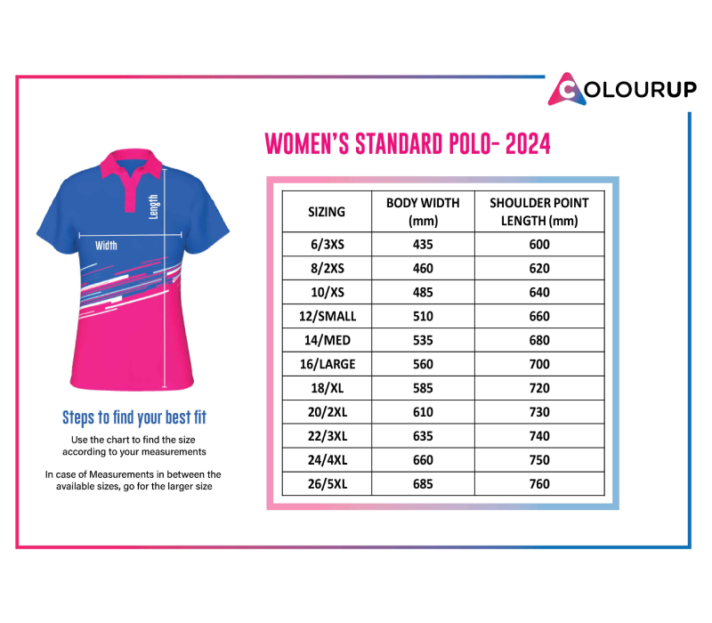 Womens Polo Size Chart - Colourup Uniforms