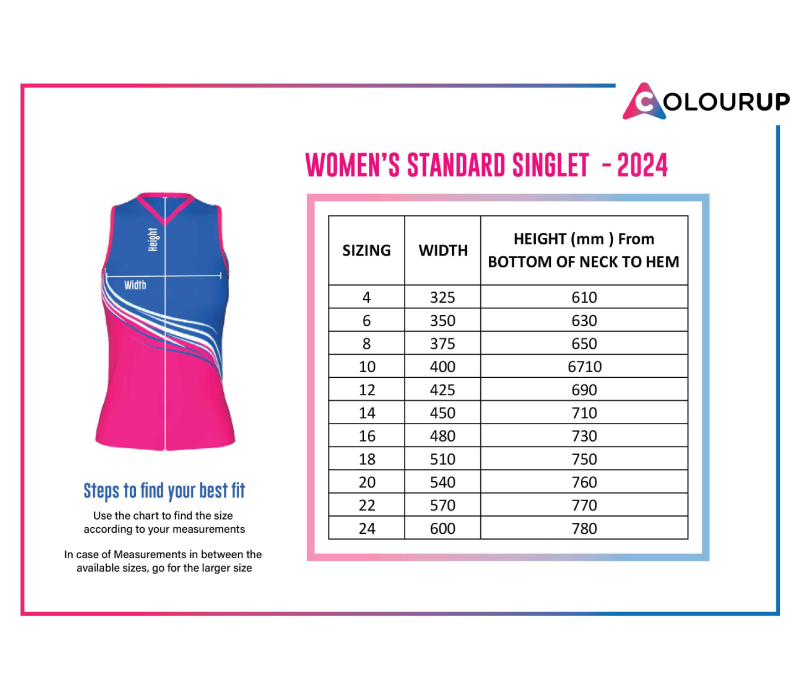 Womens Singlets Size Chart - Colourup Uniforms