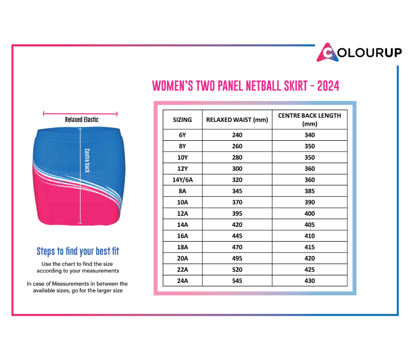 Netball Skirts Size Chart - Colourup Uniforms